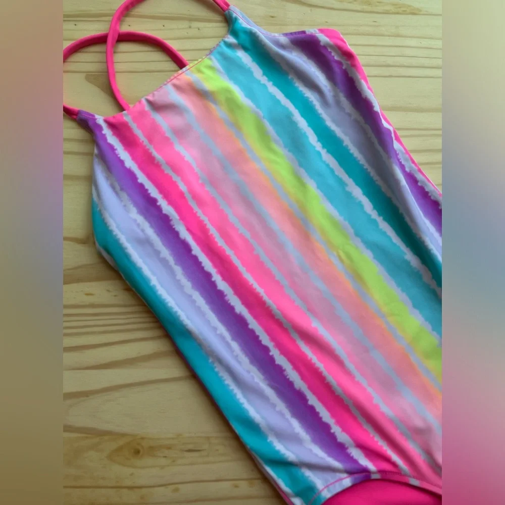 Girls Bright Pink & Rainbow Stripe Reversible Justice Swim Suit Sz 10/12